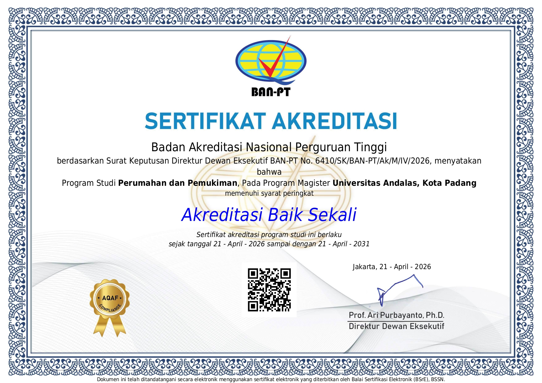 Sertifikat akreditasi Program Magister Perumahan dan Permukiman